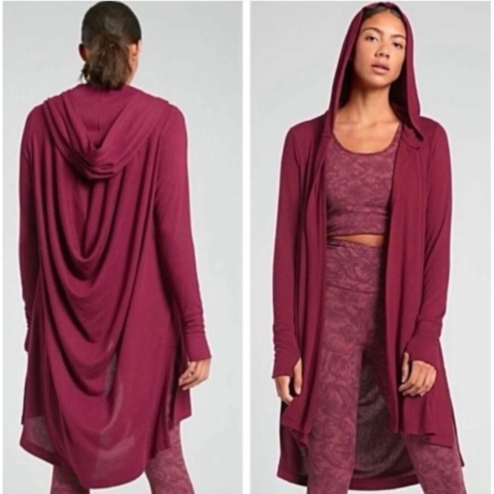 Athleta harmony Wrap Cardigan Hooded Thumbhole burgBerry Red Large